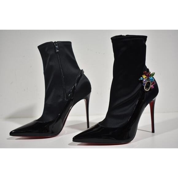 Christian Louboutin Jessie Booty Joli 100 Black Patent Satin Ankle Heel Boot 38 - Picture 10 of 12